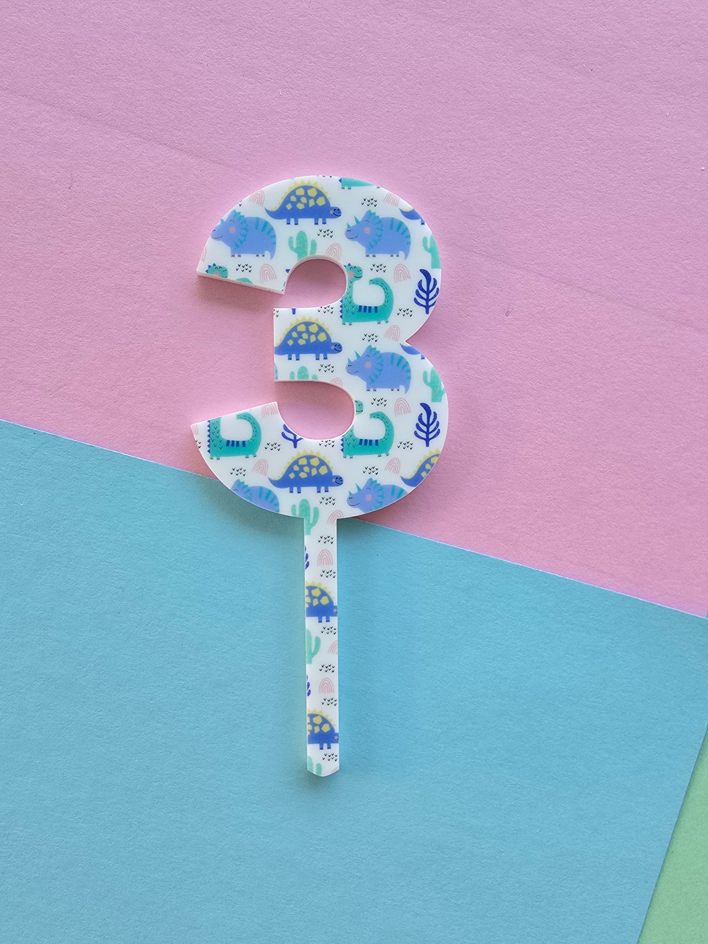 Number 3 dinosaur print cake topper 7cm tall