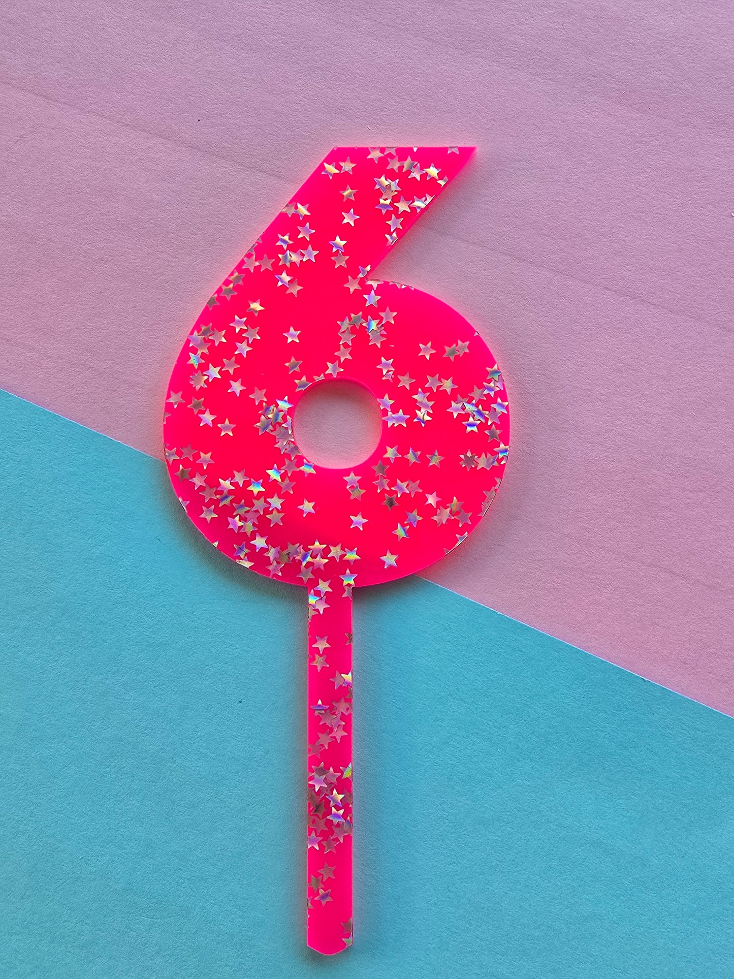 Number 6 Cake topper 9cm tall - hot pink with silver stars