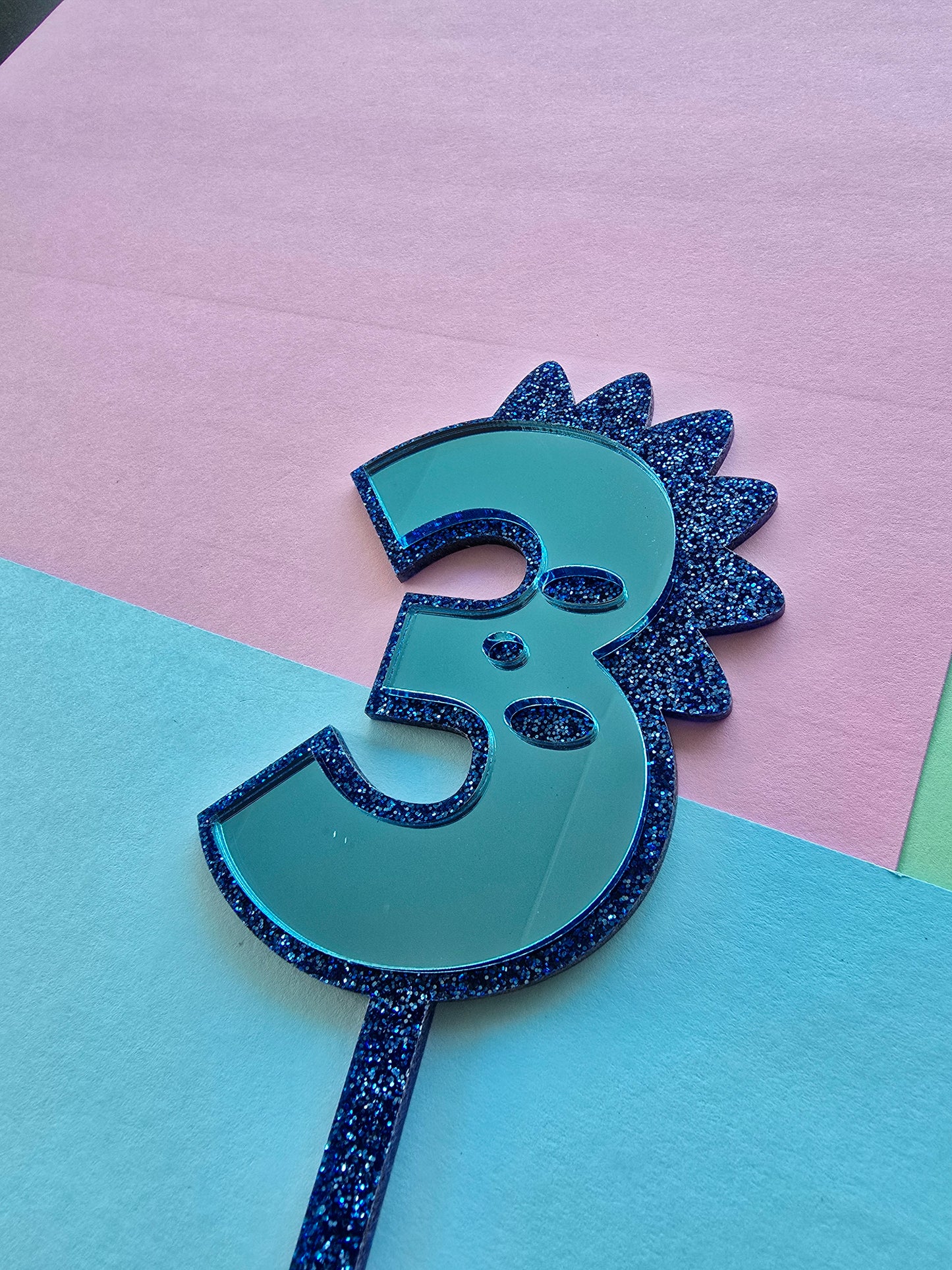 3 Dinosaur Cake Topper 10cm tall (7cm wide) blue mirror on blue glitter