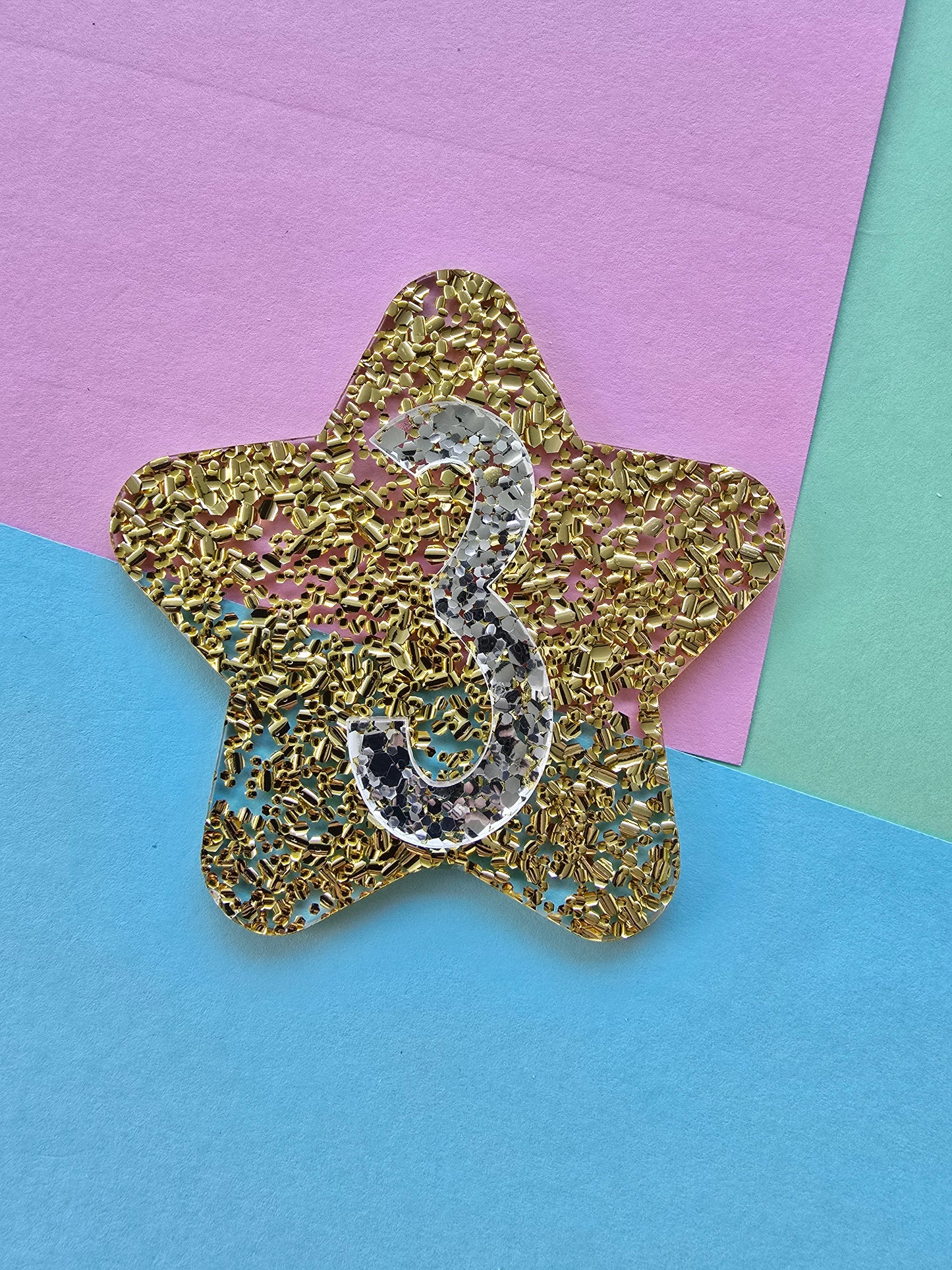 Glitter star cake fropper 3 - silver on gold hex glitter