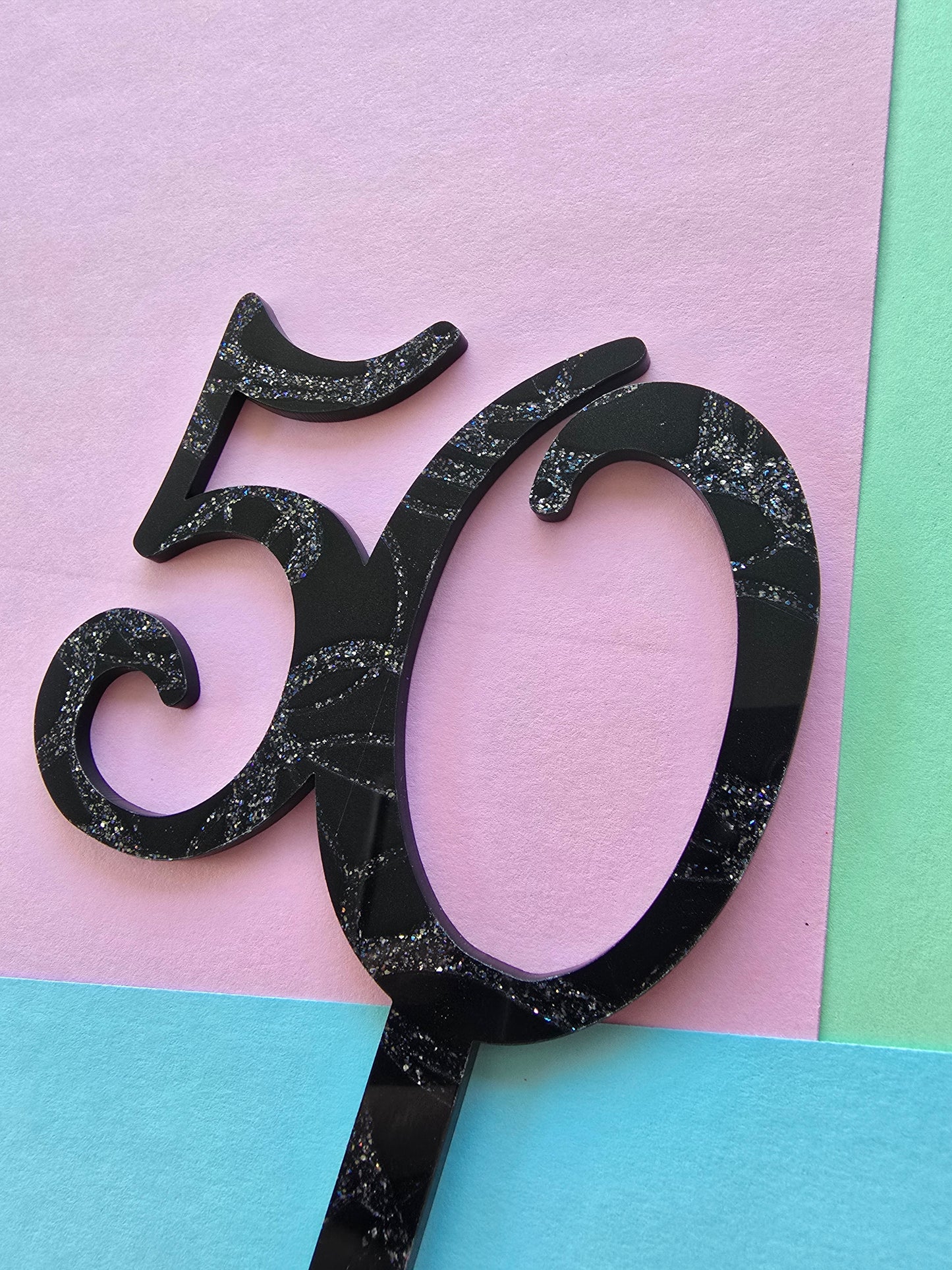 Number 50 black fancy silver cake topper Approx 7cm tall