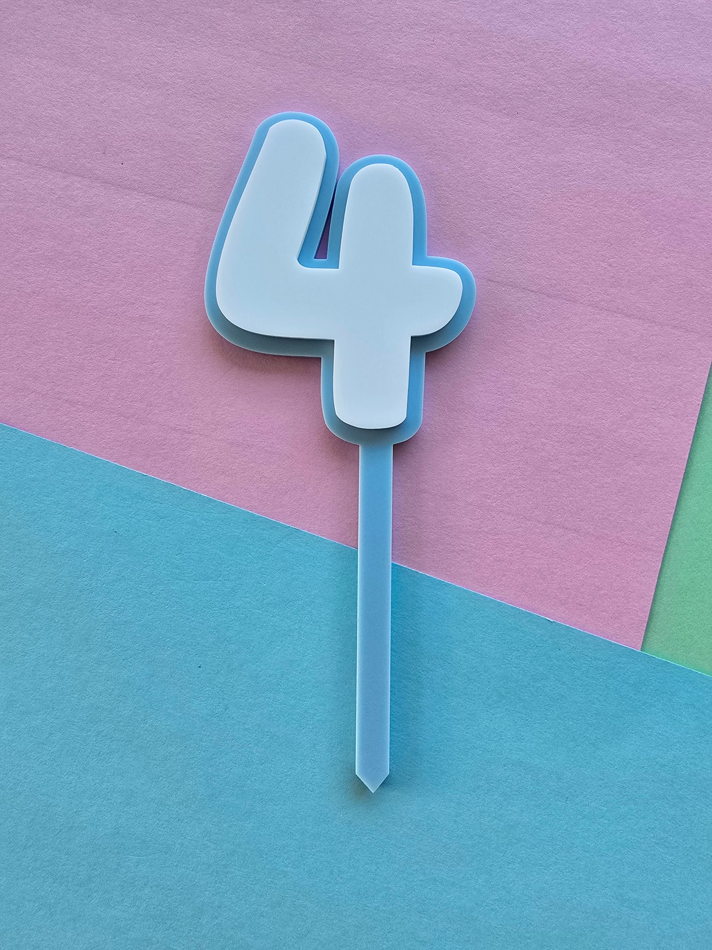 4 Cake Topper white on blue 7.5cm x 6cm