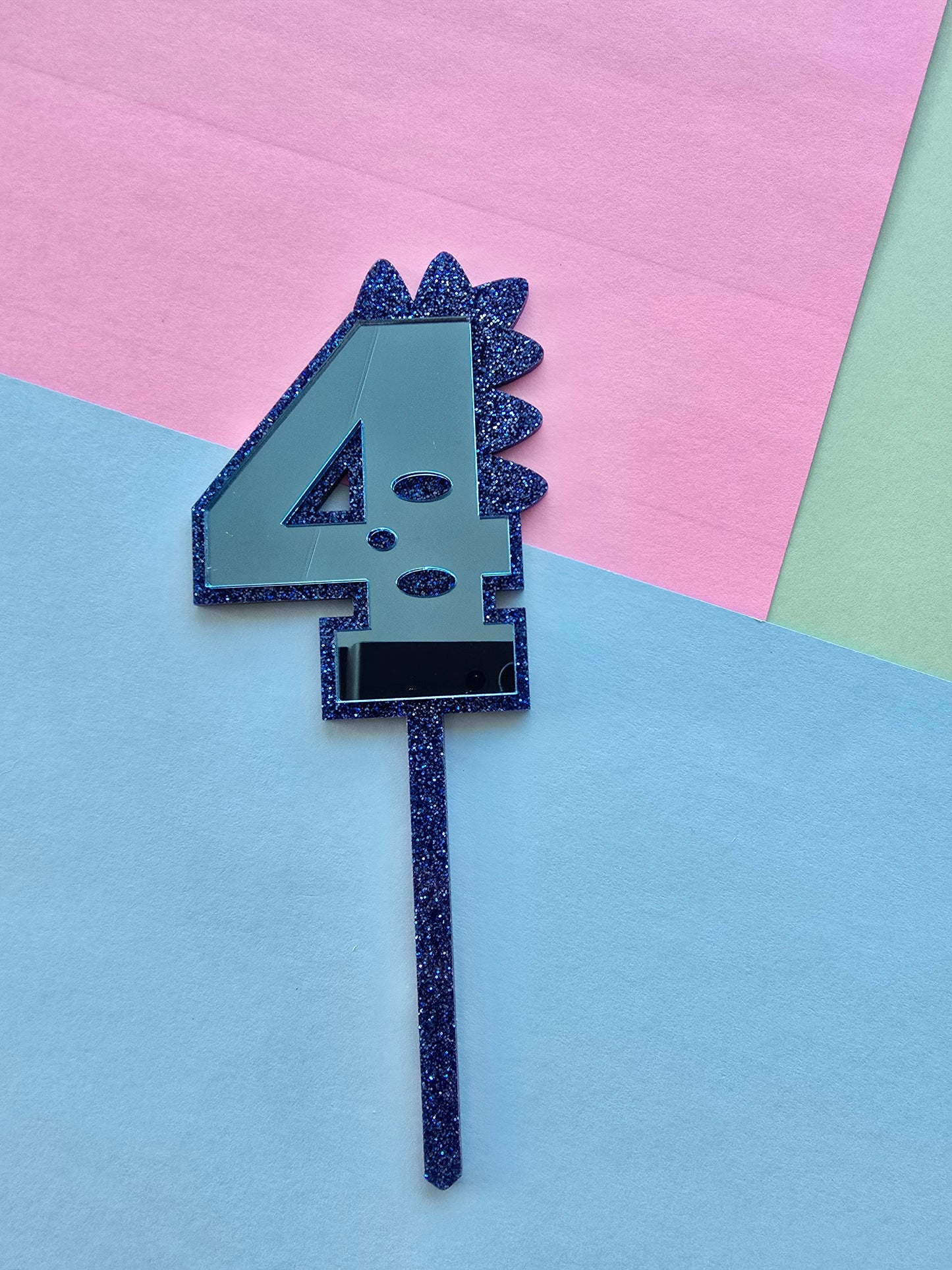 4 Dinosaur Cake Topper 10cm tall (7cm wide) blue mirror on blue glitter