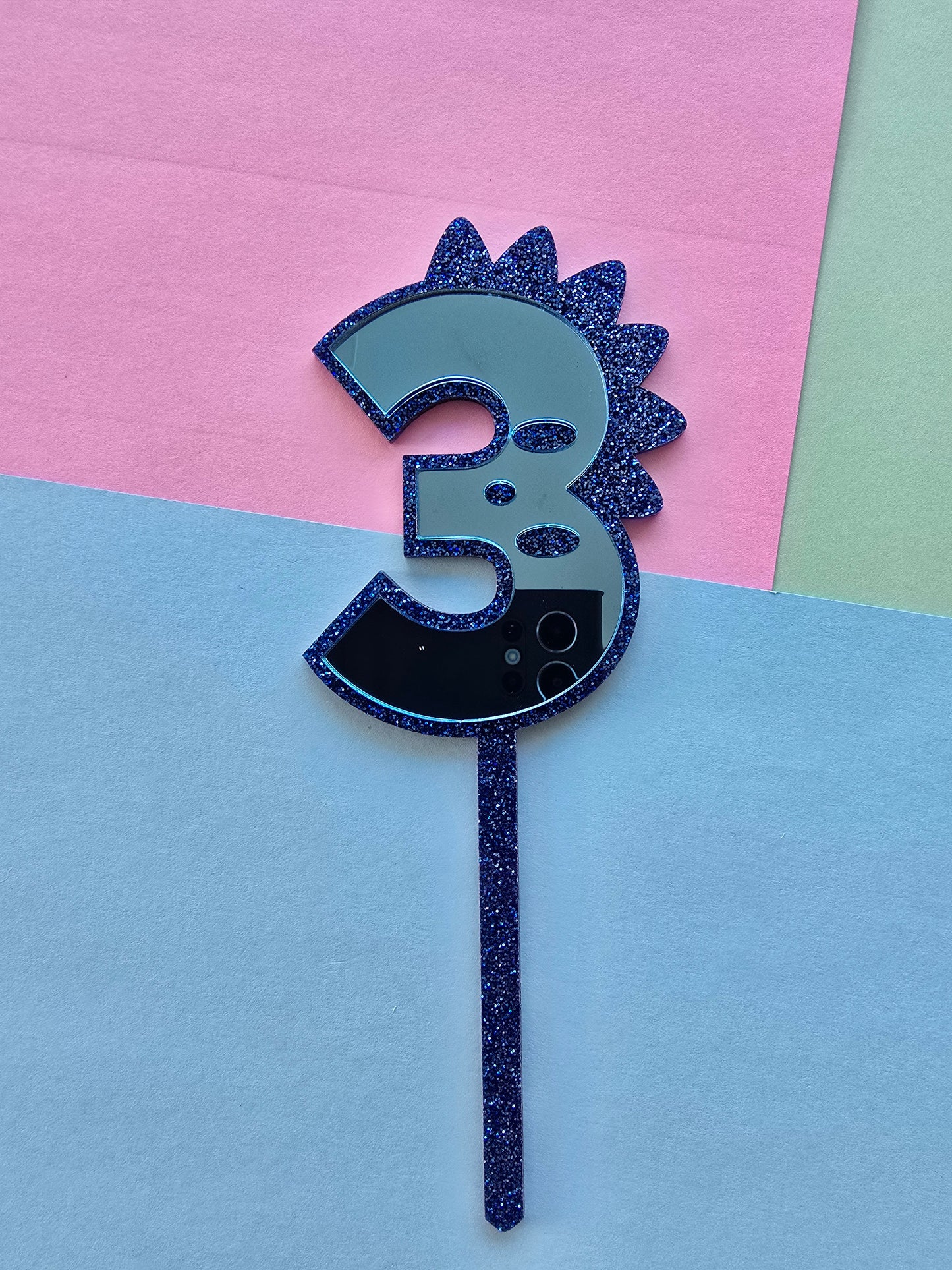 3 Dinosaur Cake Topper 10cm tall (7cm wide) blue mirror on blue glitter