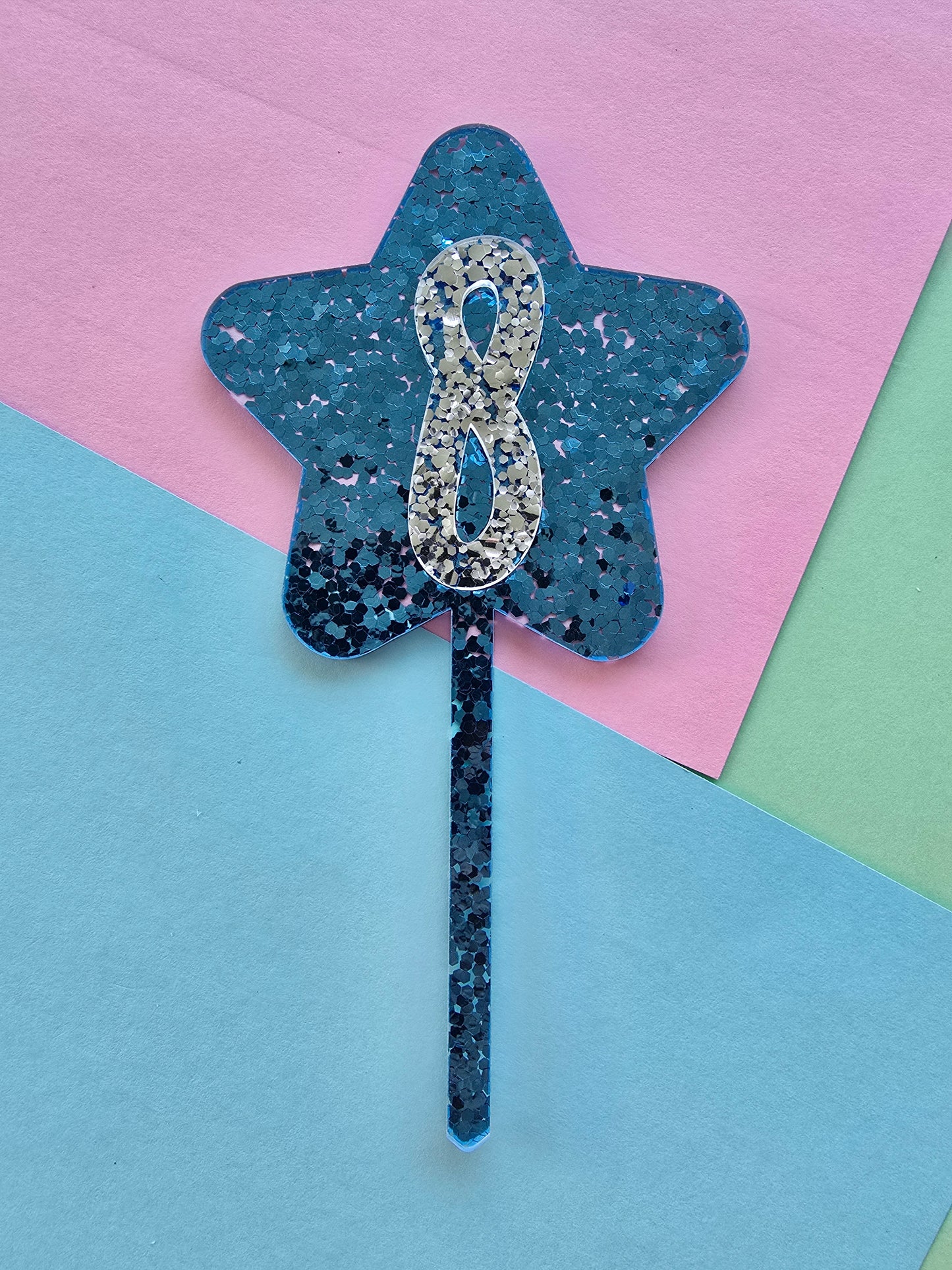 Glitter star cake topper 8 - silver on blue hex glitter