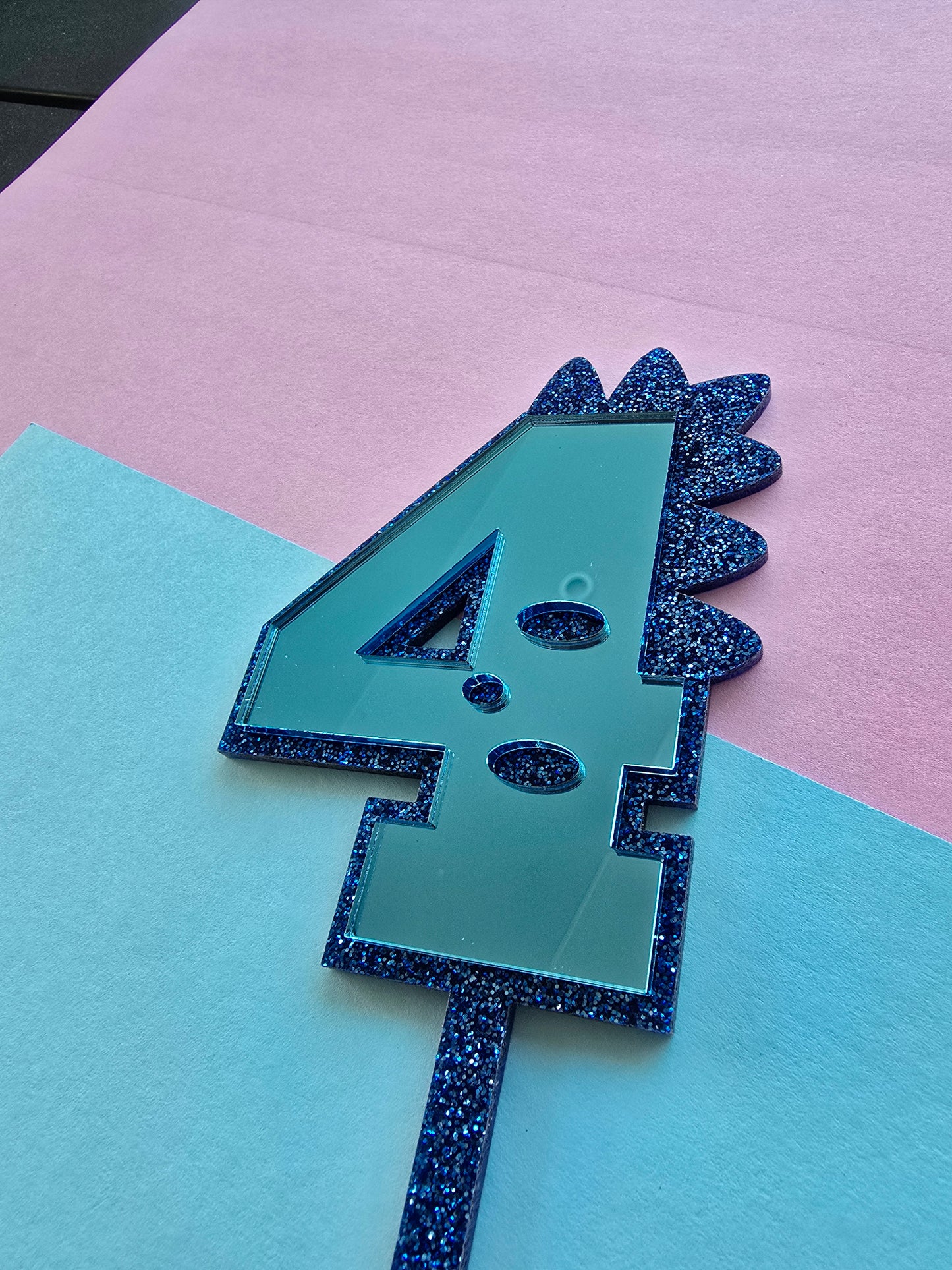 4 Dinosaur Cake Topper 10cm tall (7cm wide) blue mirror on blue glitter