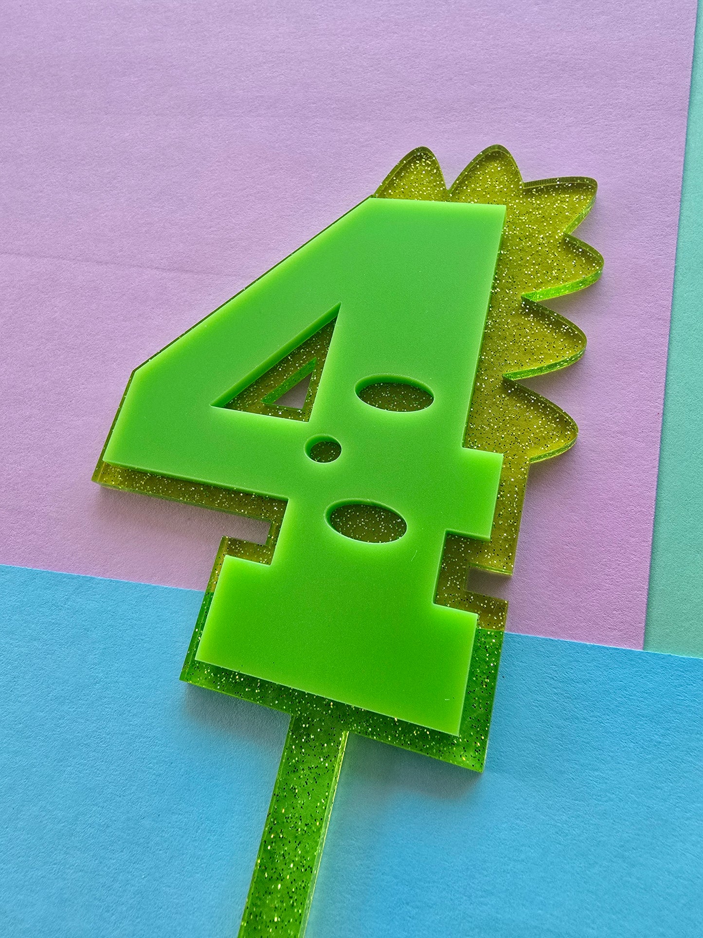 4 Dinosaur Cake Topper 10cm tall (7cm wide) neon green on jelly glitter green