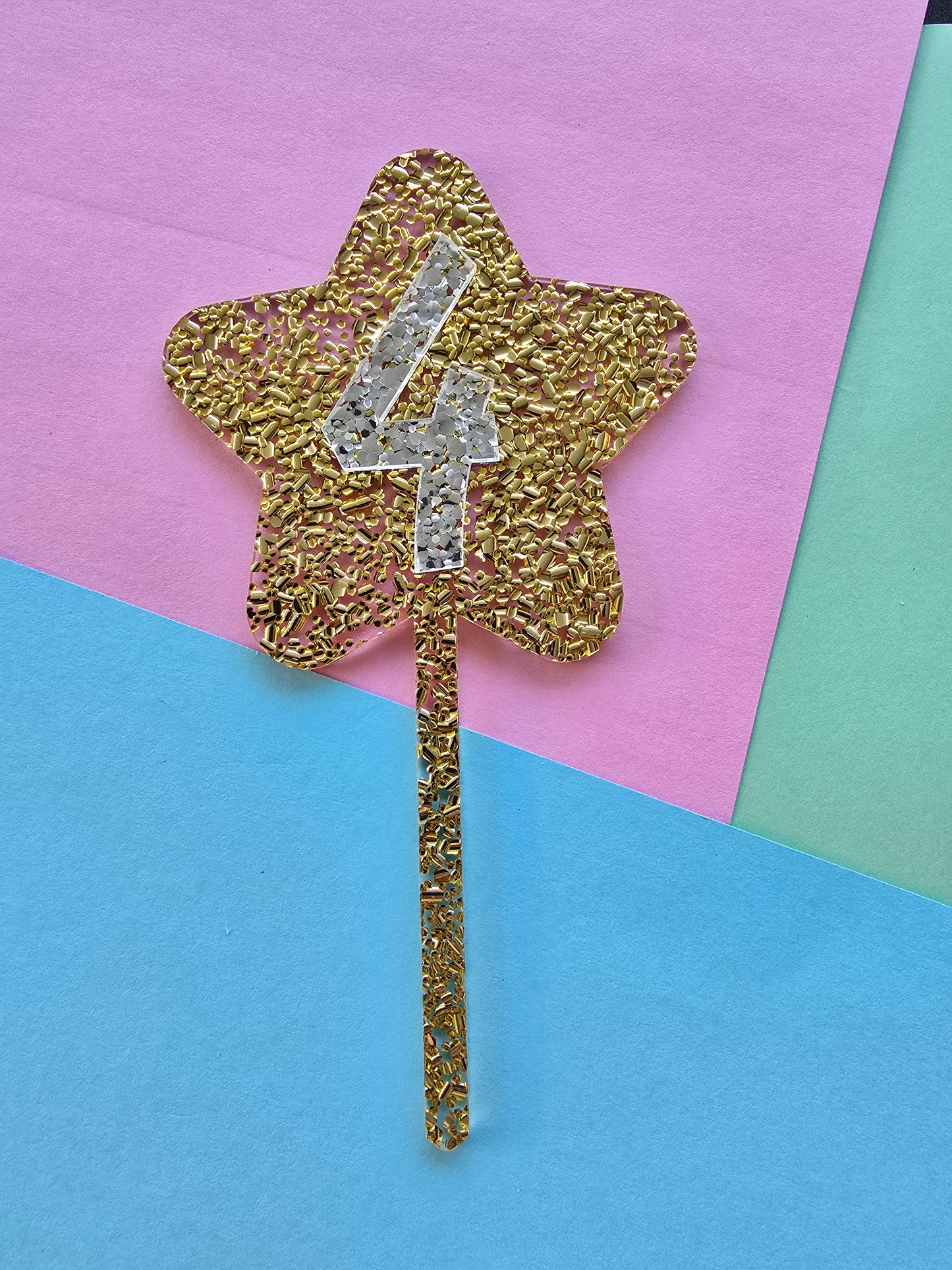 Glitter star cake topper 4 - silver on gold hex glitter