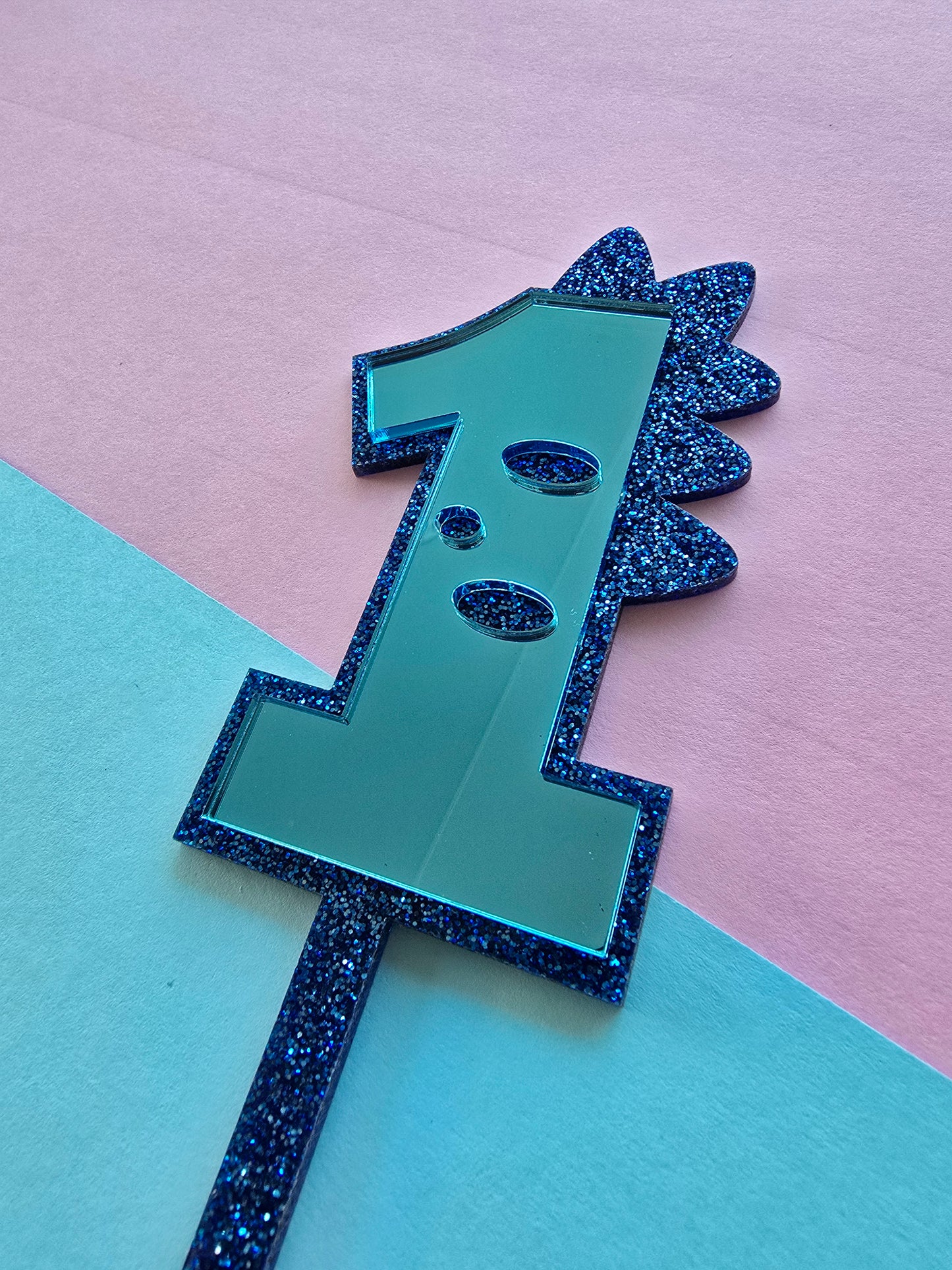 1 Dinosaur Cake Topper 10cm tall (6cm wide) blue mirror on blue glitter