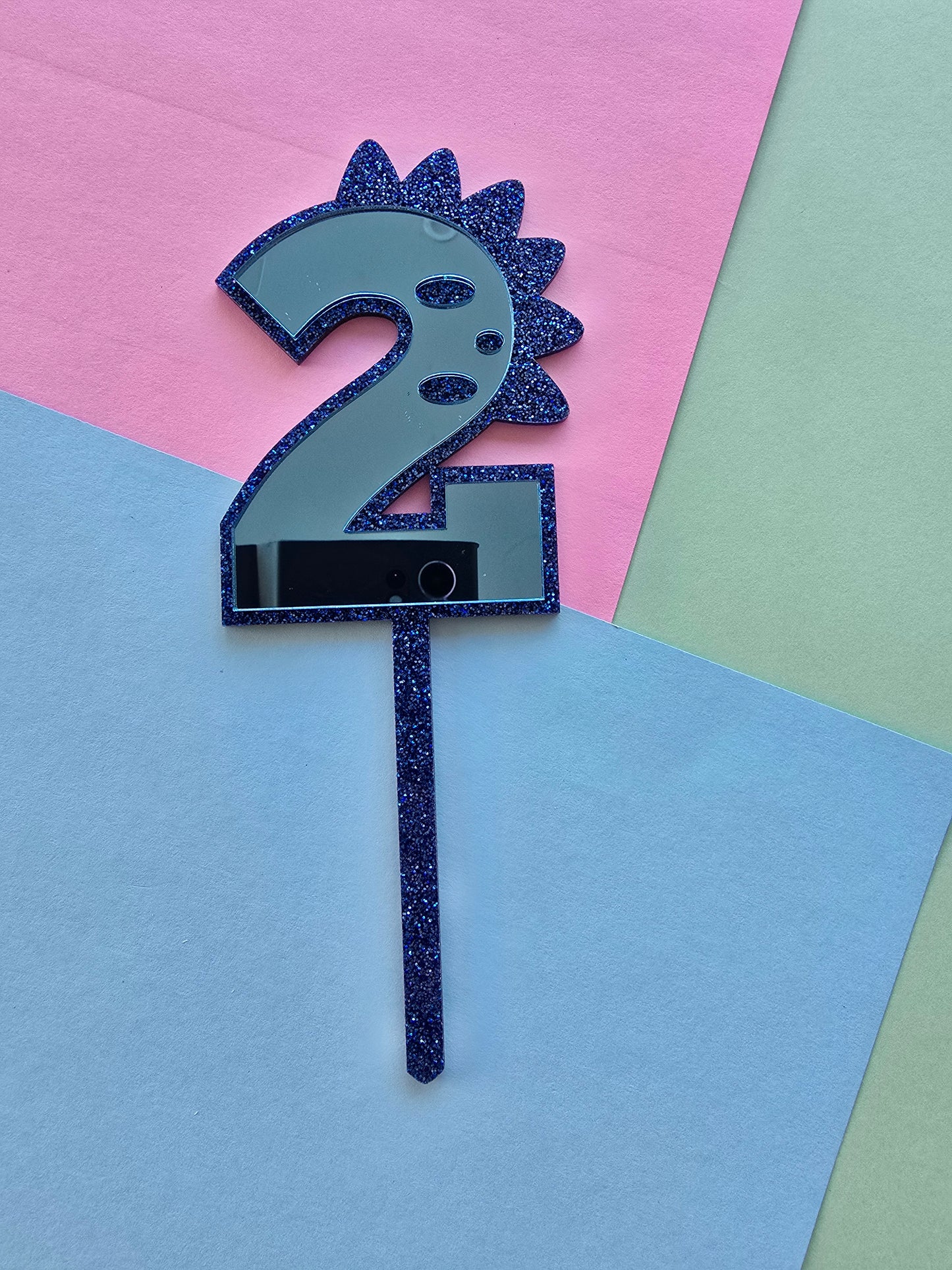 2 Dinosaur Cake Topper 10cm tall (7cm wide) blue mirror on blue glitter