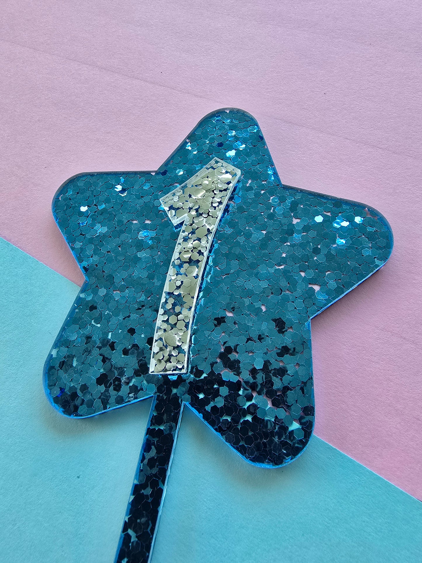 Glitter star cake topper 1 - silver on blue hex glitter 10cm wide