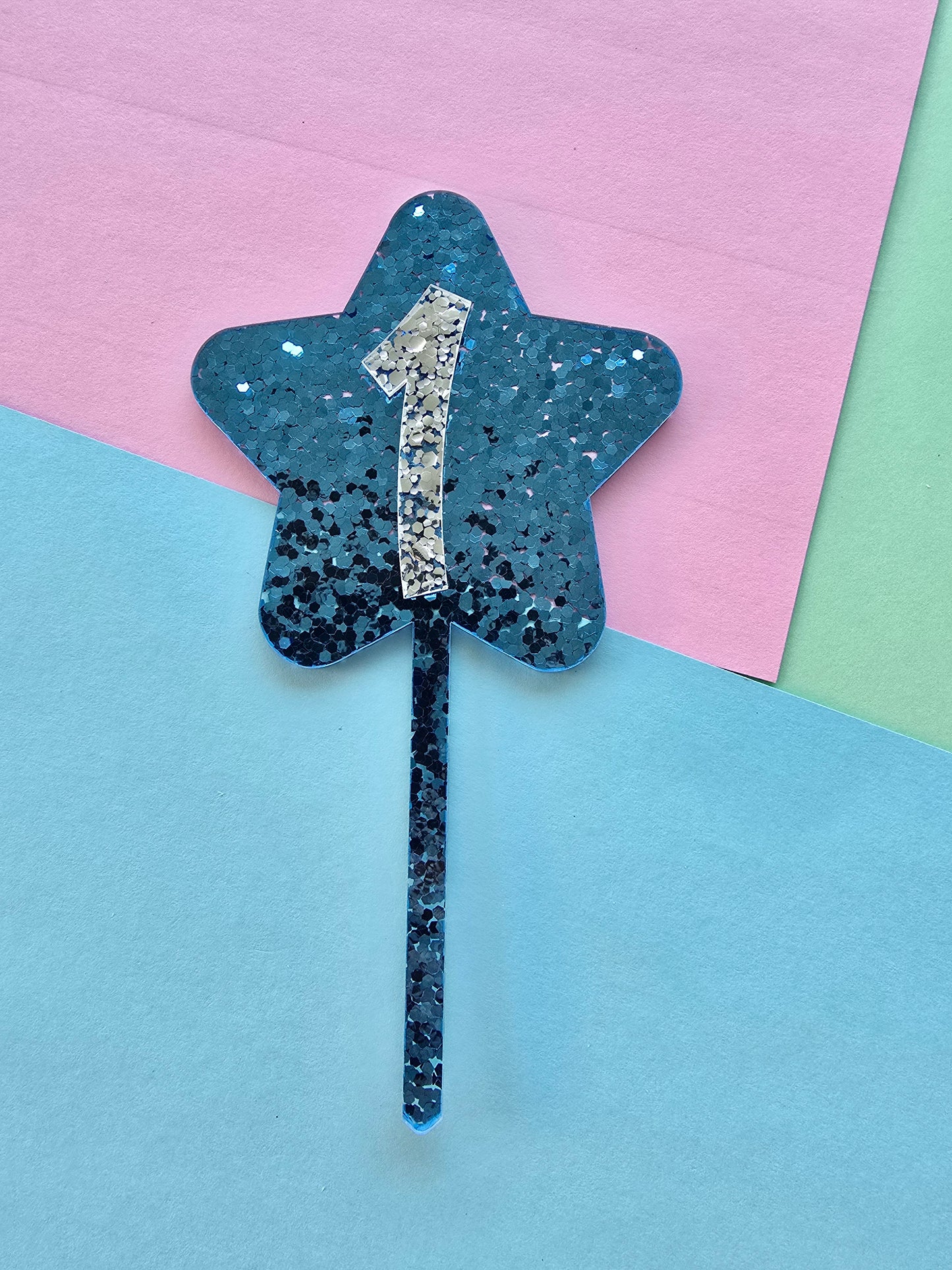 Glitter star cake topper 1 - silver on blue hex glitter 10cm wide