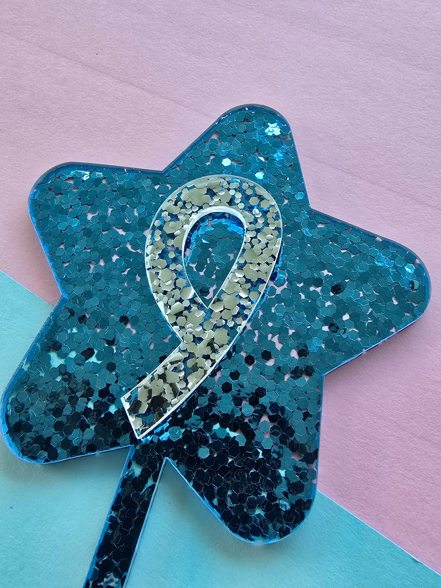 Glitter star cake topper 9 - silver on blue hex glitter