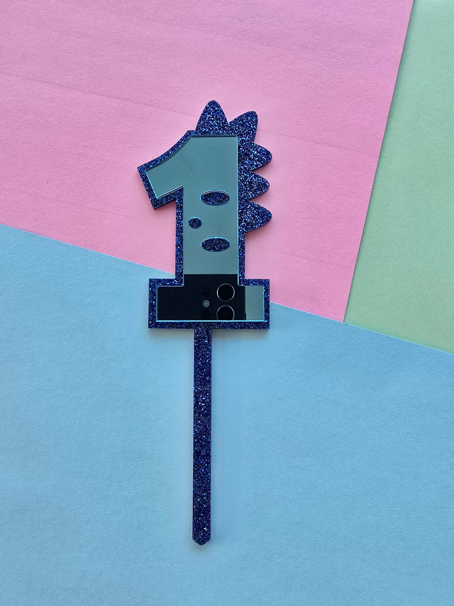 1 Dinosaur Cake Topper 10cm tall (6cm wide) blue mirror on blue glitter