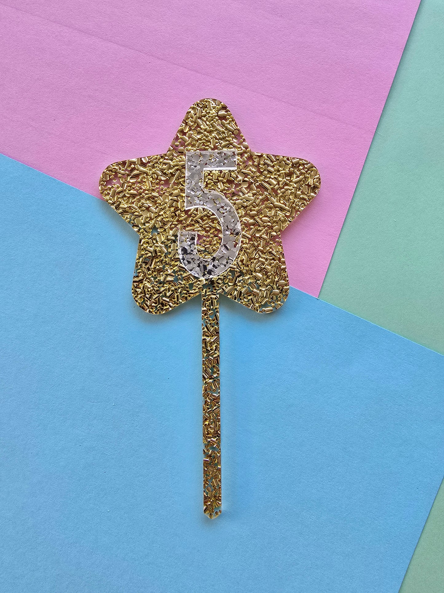 Glitter star cake topper 5 - silver on gold hex glitter