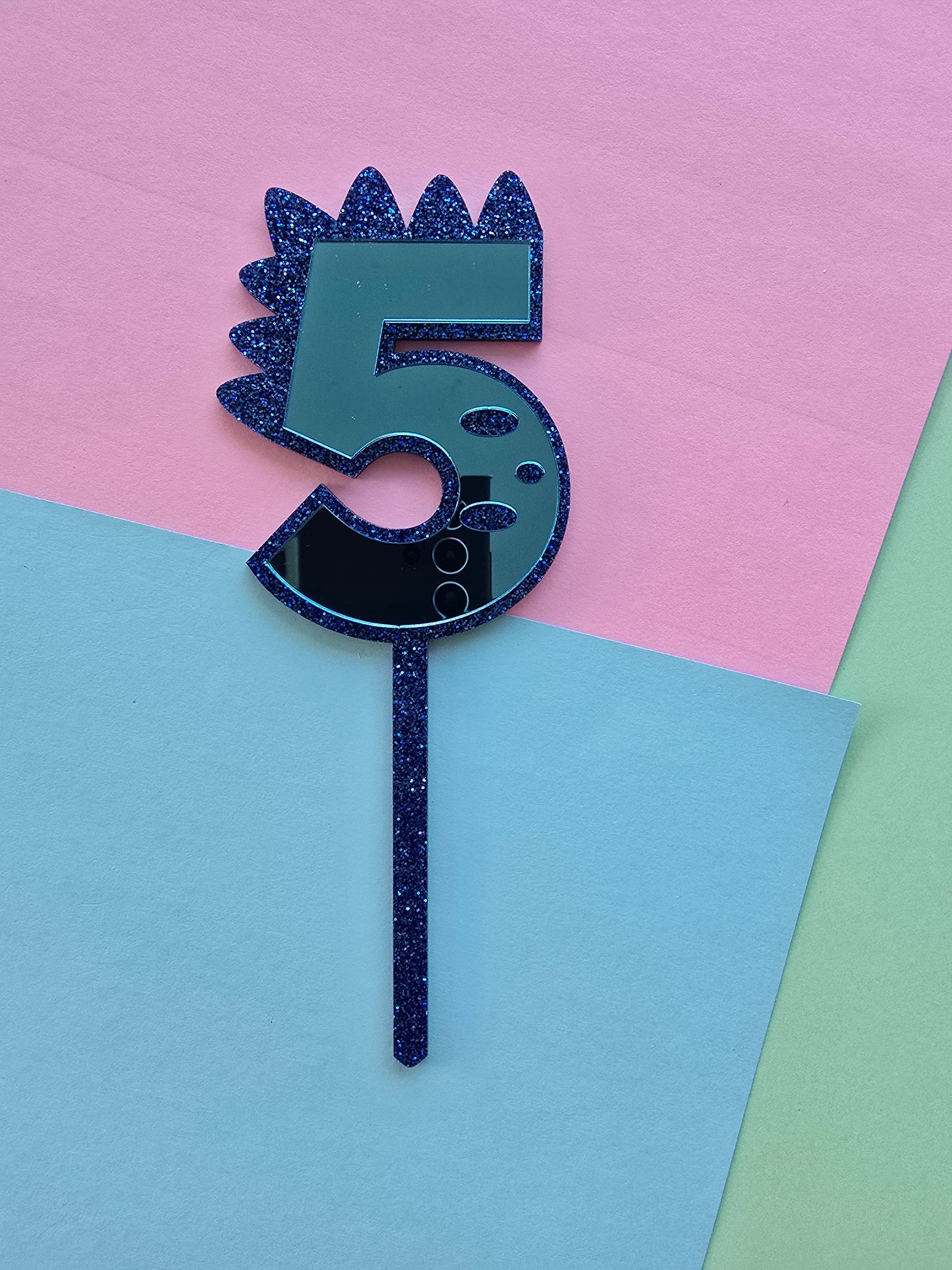 5 Dinosaur Cake Topper 10cm tall (7cm wide) blue mirror on blue glitter