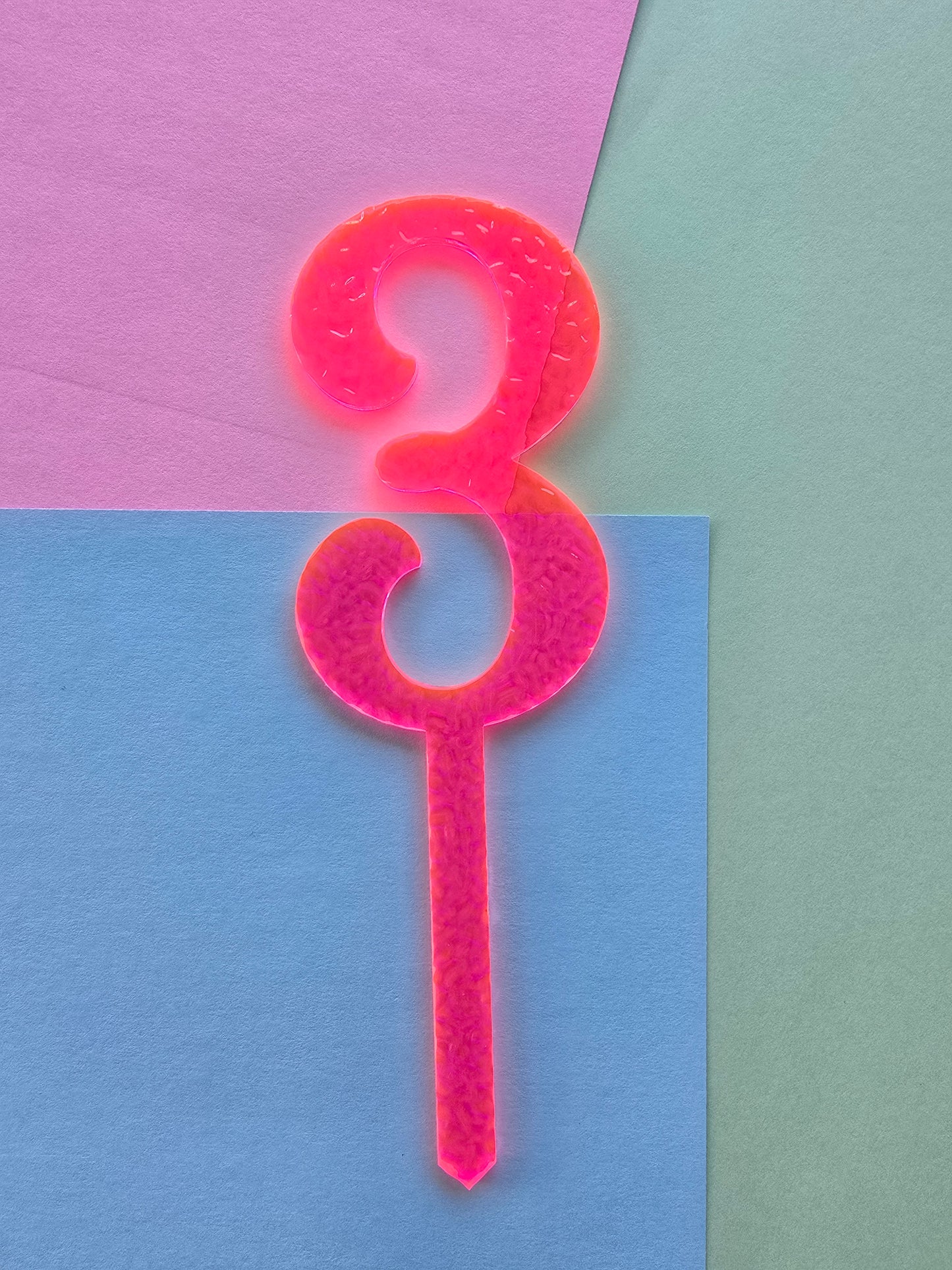 Number 3 neon pink neon ripple cake topper Approx 10cm tall (is see through)