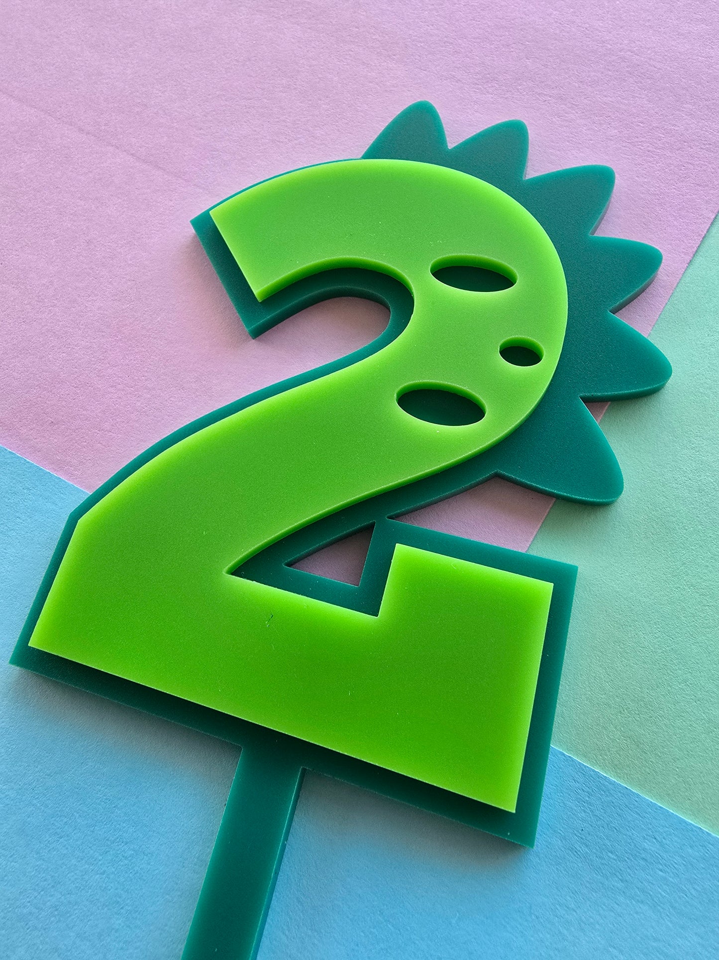 2 Dinosaur Cake Topper 10cm tall (7cm wide) green on teal