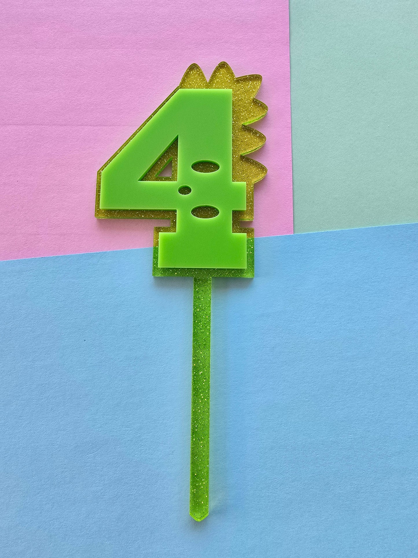 4 Dinosaur Cake Topper 10cm tall (7cm wide) neon green on jelly glitter green
