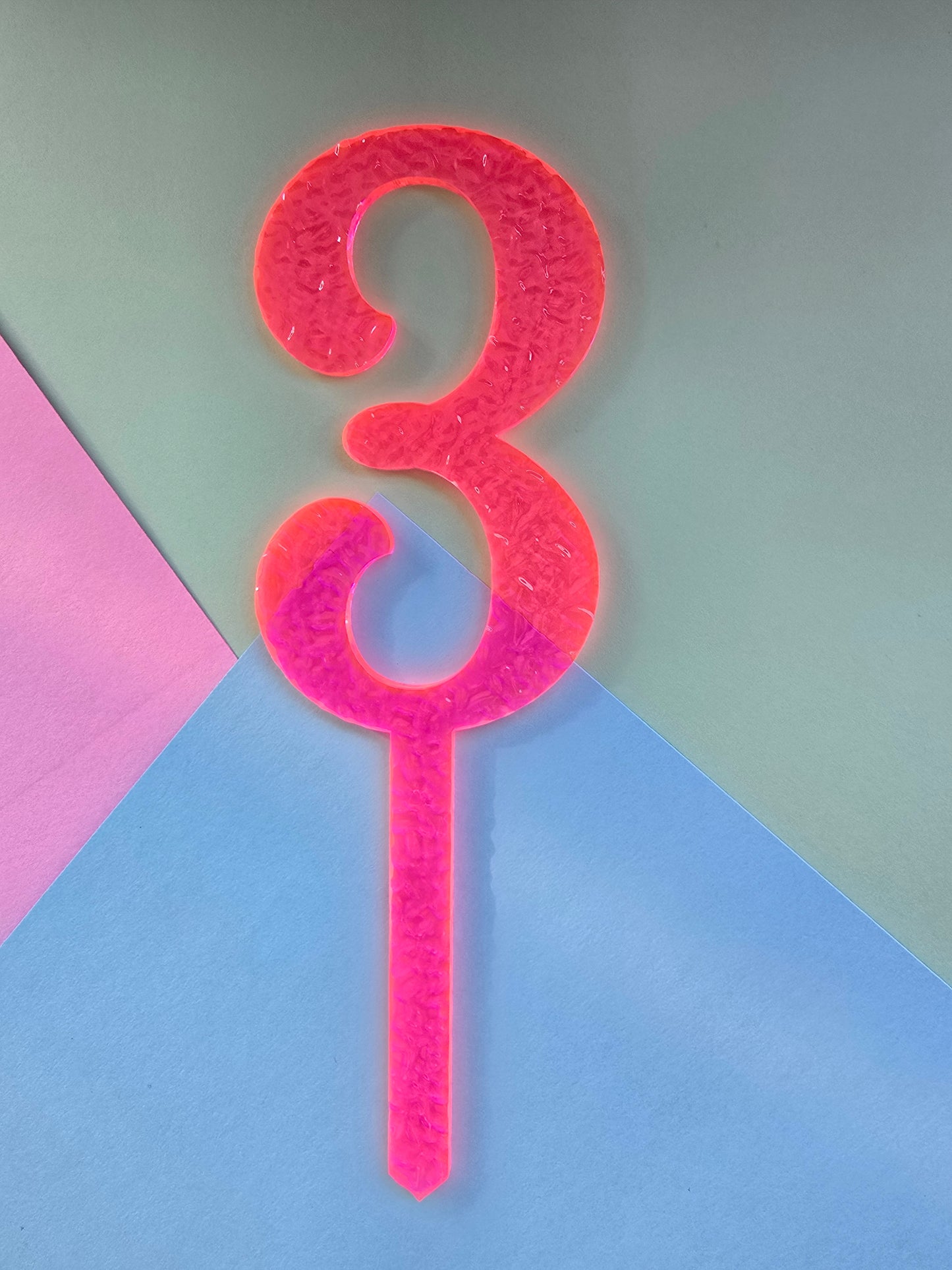 Number 3 neon pink neon ripple cake topper Approx 10cm tall (is see through)