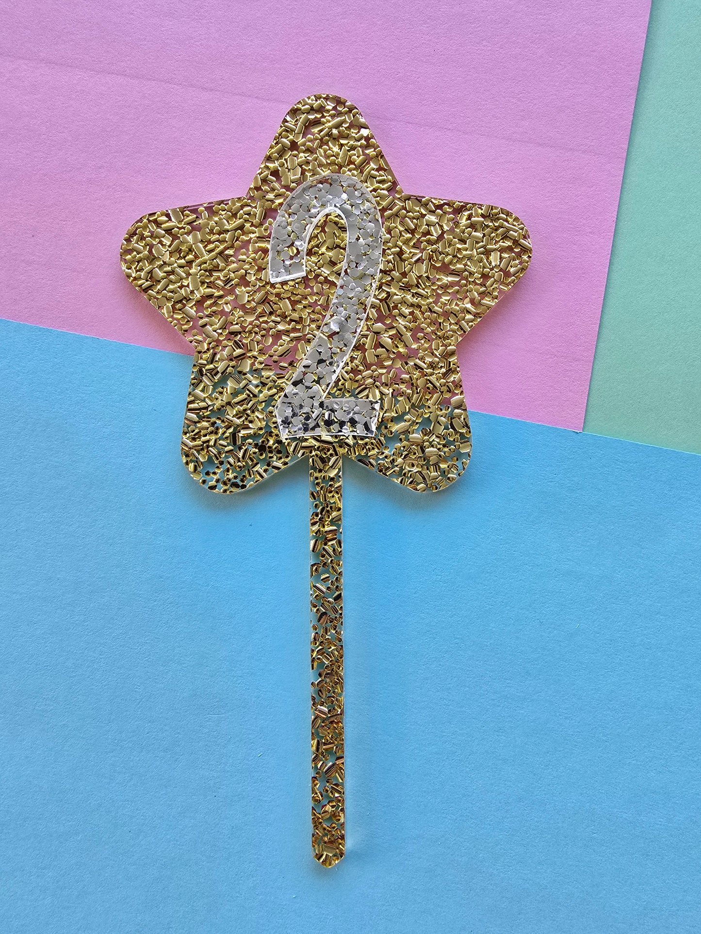 Glitter star cake topper 2 - silver on gold hex glitter