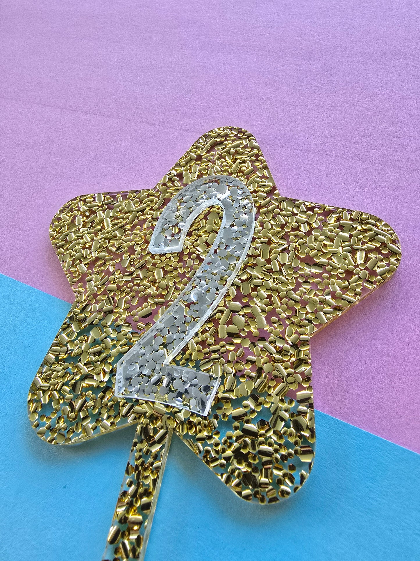 Glitter star cake topper 2 - silver on gold hex glitter