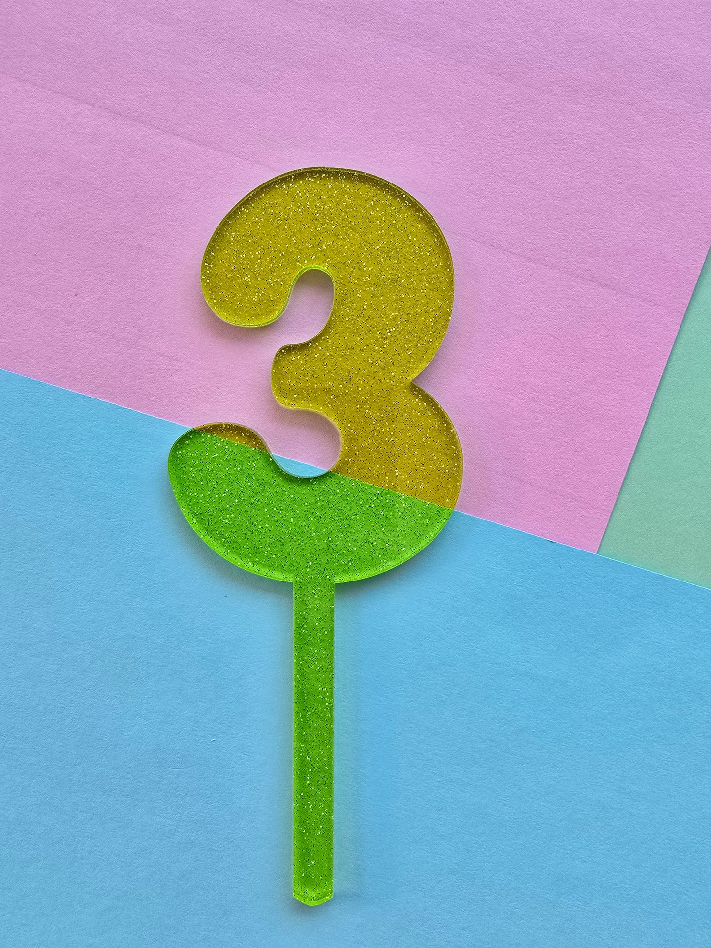 Number 3 Cake topper 10cmx7cm green jelly glitter