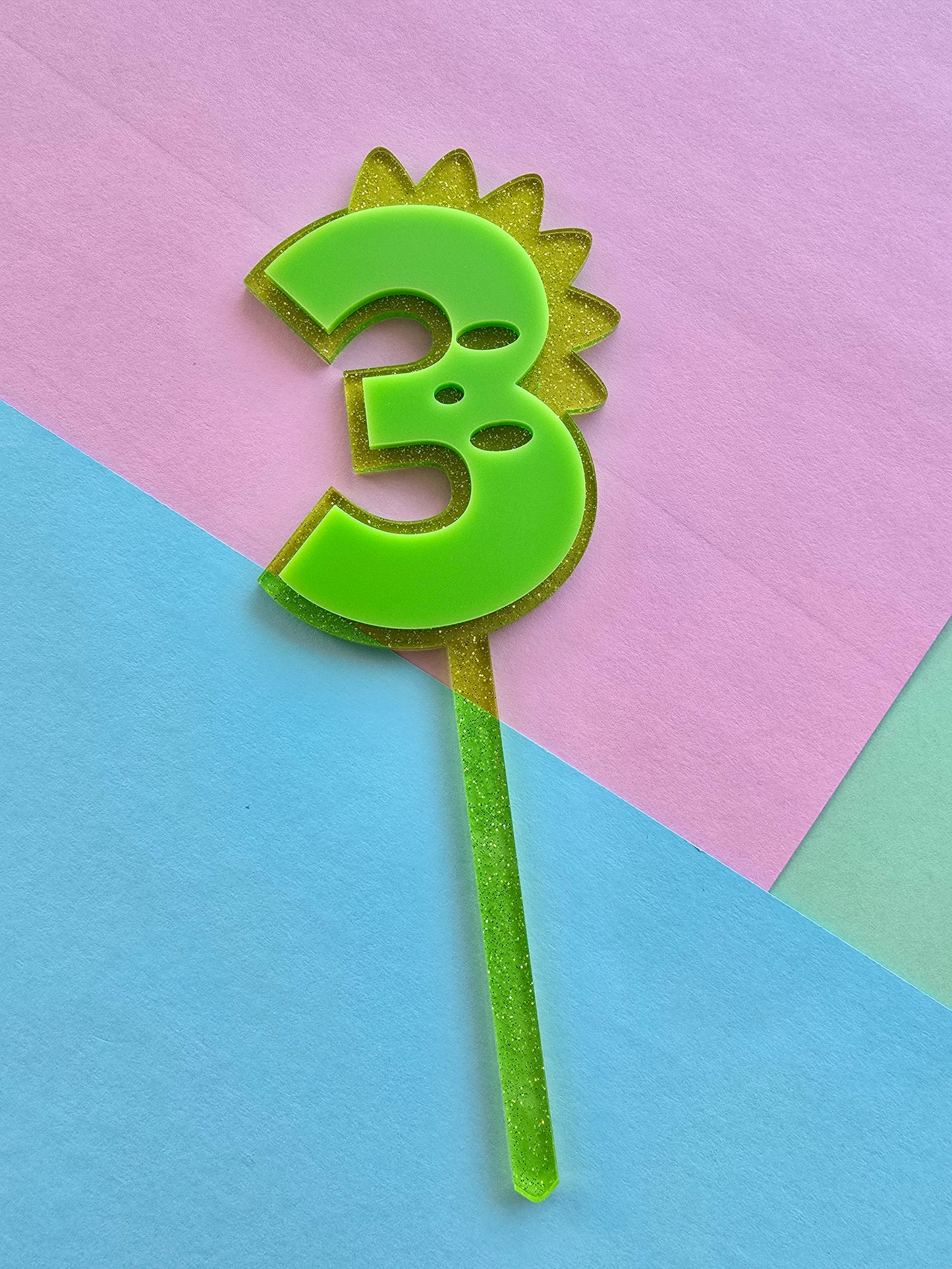3 Dinosaur Cake Topper 10cm tall (7cm wide) neon green on jelly glitter green
