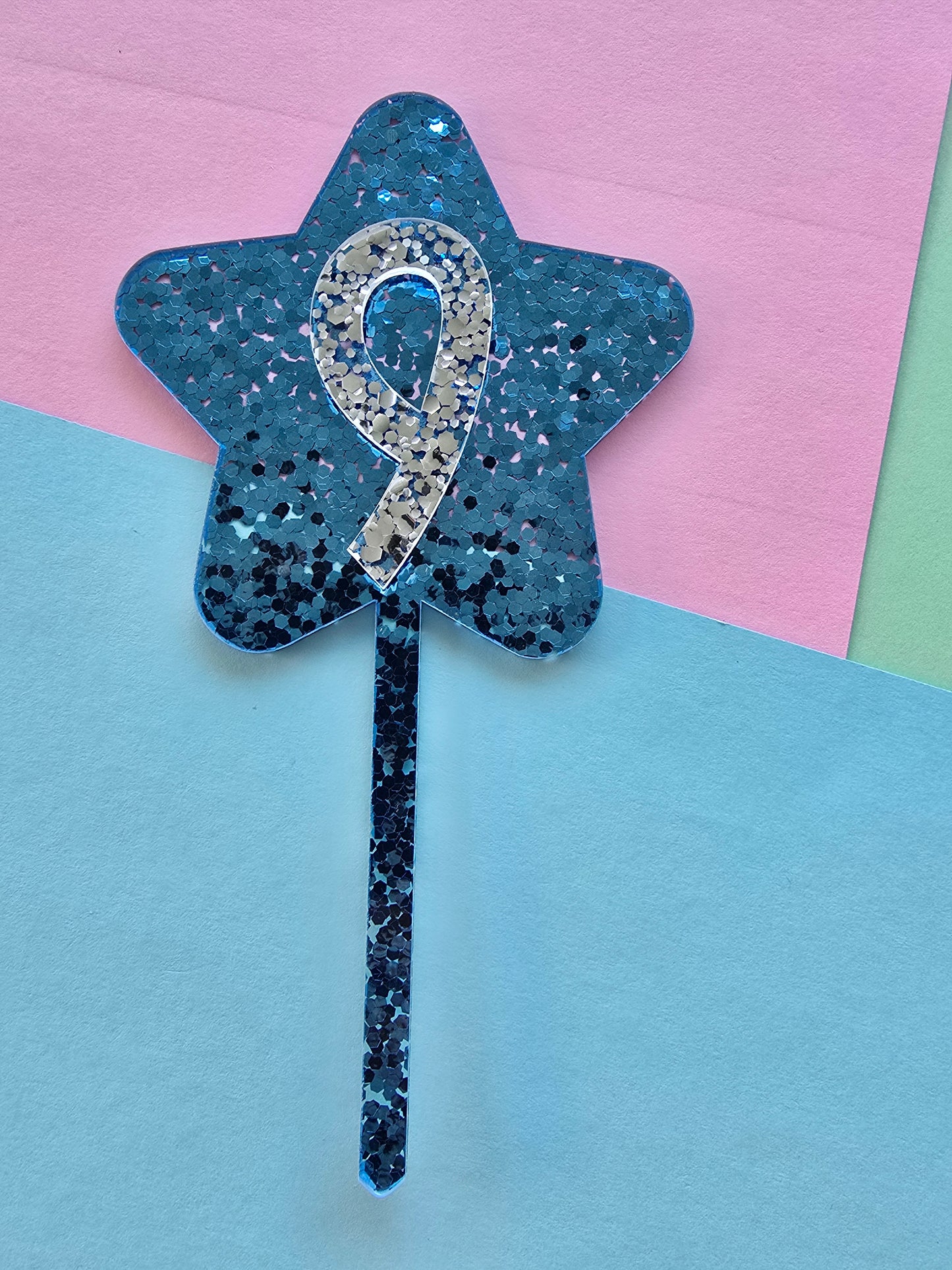 Glitter star cake topper 9 - silver on blue hex glitter