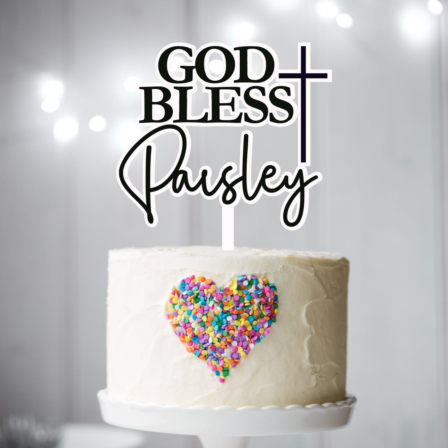 God Bless Name Cake Topper with Cross 2 colour