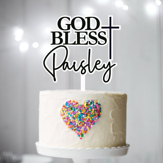 God Bless Name Cake Topper with Cross 2 colour