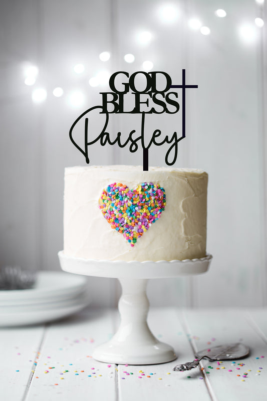 God Bless Name Cake Topper with Cross