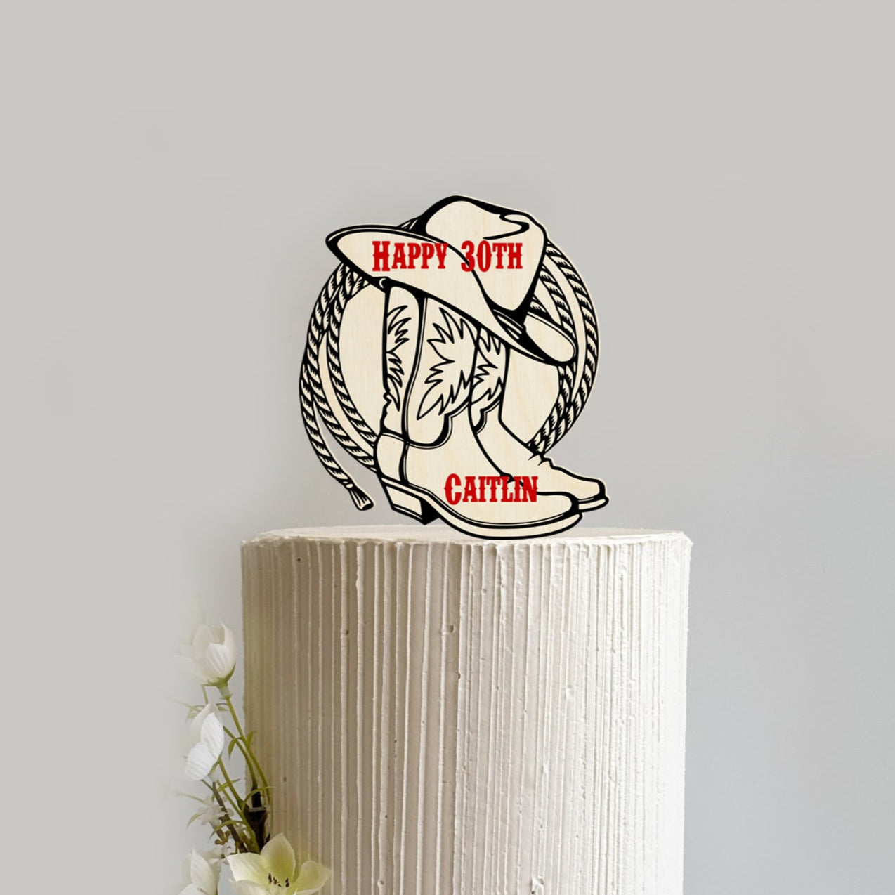 Rodeo Timber Cake Topper - Cowboy Cowgirl Hat Boots Rope - Personalised