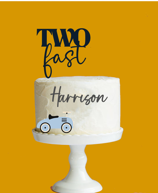Two Fast Cake Topper Set with Name and Retro Car