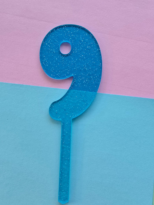 Number 9 Cake topper 10cm blue jelly glitter
