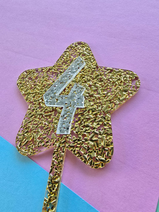 Glitter star cake topper 4 - silver on gold hex glitter