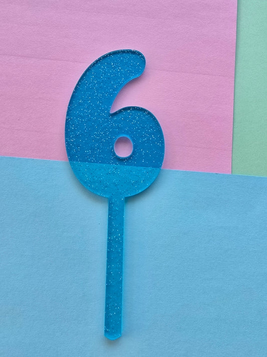 Number 6 Cake topper 10cmx6.5cm blue jelly glitter