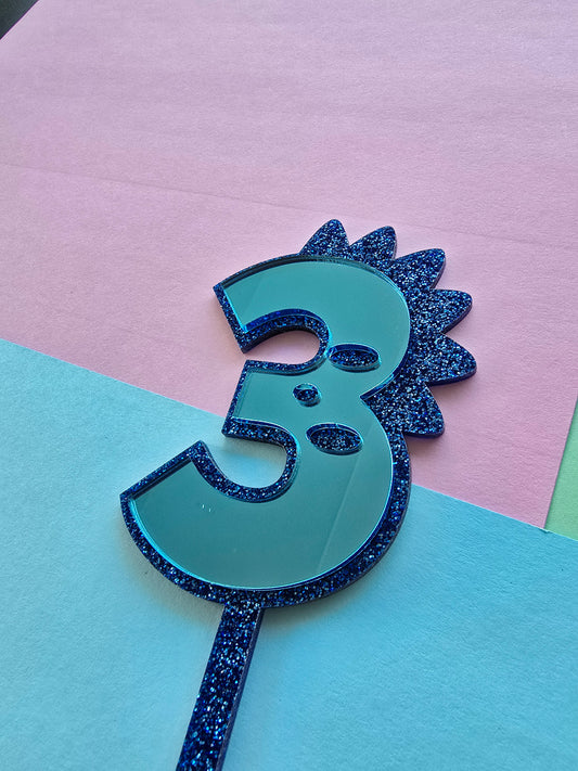 3 Dinosaur Cake Topper 10cm tall (7cm wide) blue mirror on blue glitter