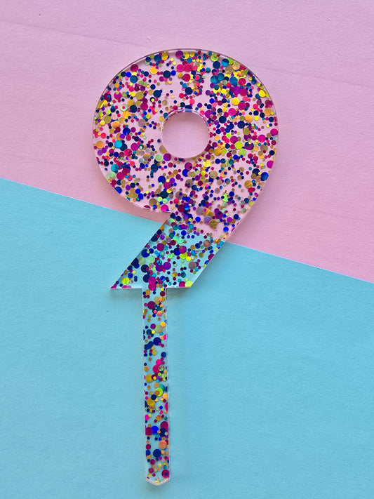 Number 9 Cake topper 9cm bubble glitter (blue pink gold)