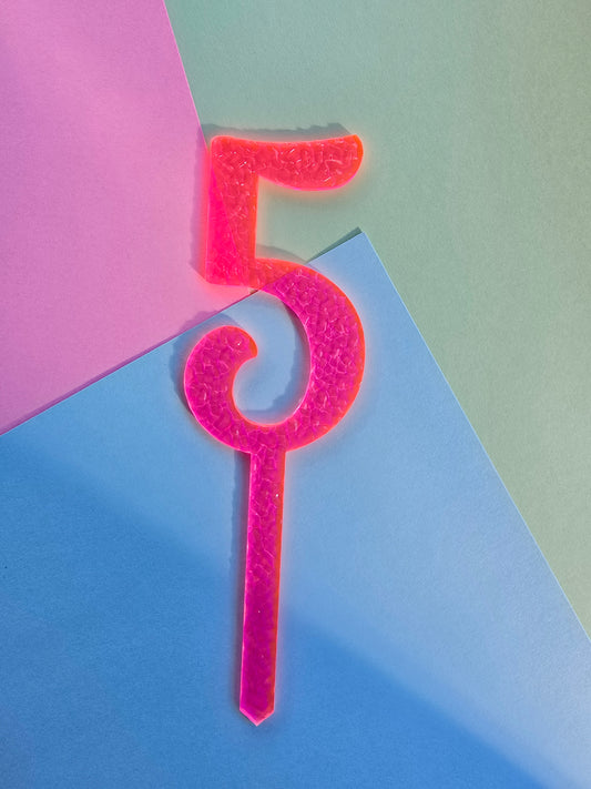 Number 5 neon pink neon ripple  cake topper Approx 10cm tall (is see through)