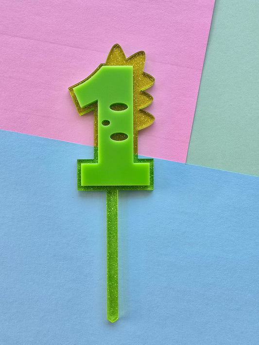 1 Dinosaur Cake Topper 10cm tall (7cm wide) neon green on jelly glitter green