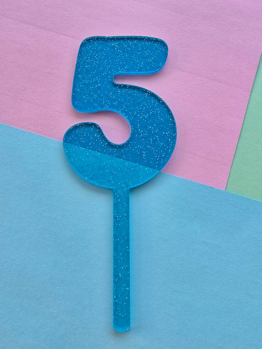 Number 5 Cake topper 10cmx6.5cm blue jelly glitter