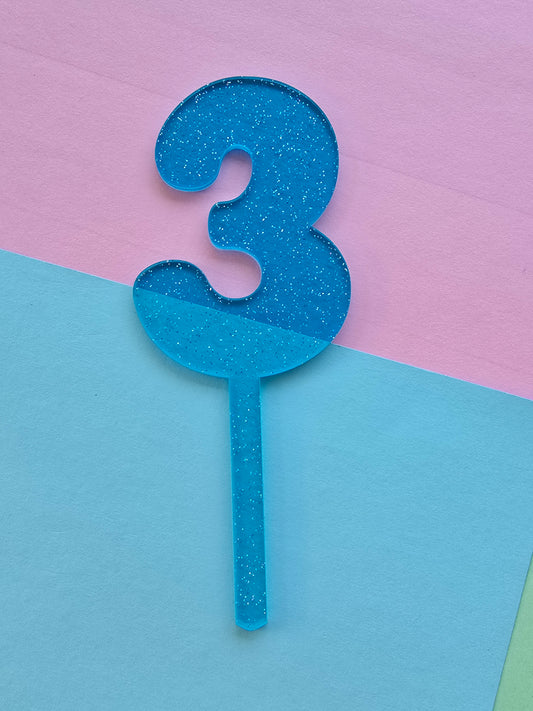 Number 3 Cake topper 10cm tall blue jelly glitter