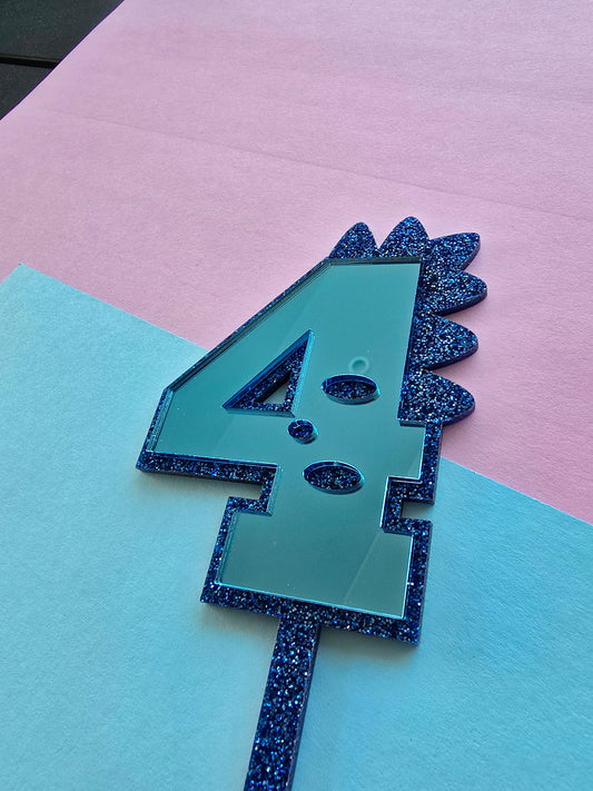 4 Dinosaur Cake Topper 10cm tall (7cm wide) blue mirror on blue glitter