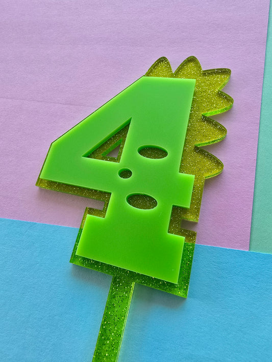 4 Dinosaur Cake Topper 10cm tall (7cm wide) neon green on jelly glitter green