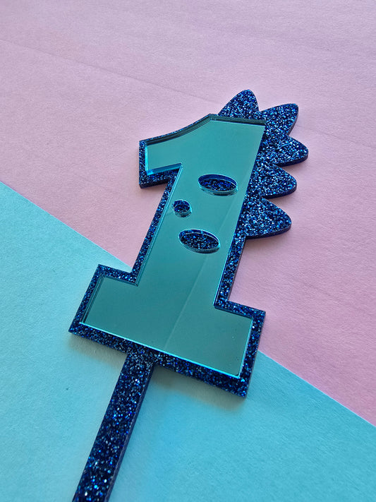1 Dinosaur Cake Topper 10cm tall (6cm wide) blue mirror on blue glitter
