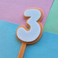 3 Cake Topper white on orange 7.5cm x 5cm