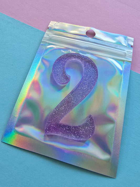 Mini number 2 charm - purple jelly glitter - 6cm