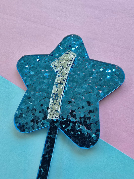 Glitter star cake topper 1 - silver on blue hex glitter 10cm wide