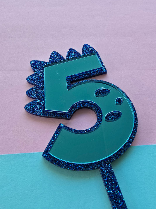5 Dinosaur Cake Topper 10cm tall (7cm wide) blue mirror on blue glitter